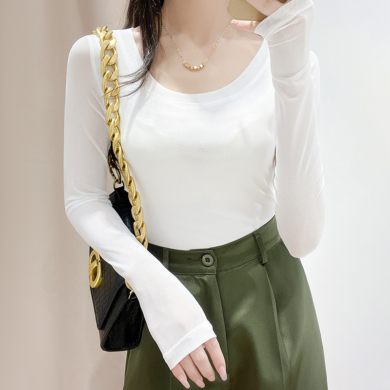 White Base Shirt for Women, 2025 Autumn, Mesh Long-Sleeve T-Shirt, Inner Layer with Sheer Fabric, Tight-Fitting, Large Neckline, Lace Top