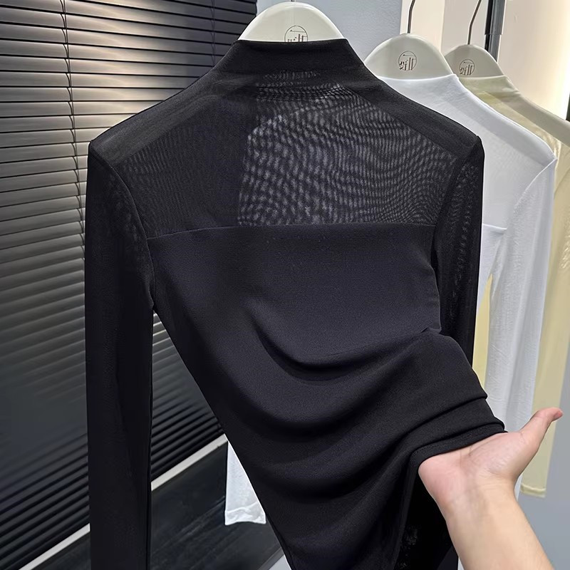 Black Mesh Base Shirt for Women, Autumn and Winter, Half-High Collar, Long Sleeves, Slim Fit, Sheer, Layered Lace Top with a High-End Feel Black Mesh Base Shirt for Women, Autumn and Winter, Half-High Collar, Long Sleeves, Slim Fit, Sheer, Layered Lace Top with a High-End Feel