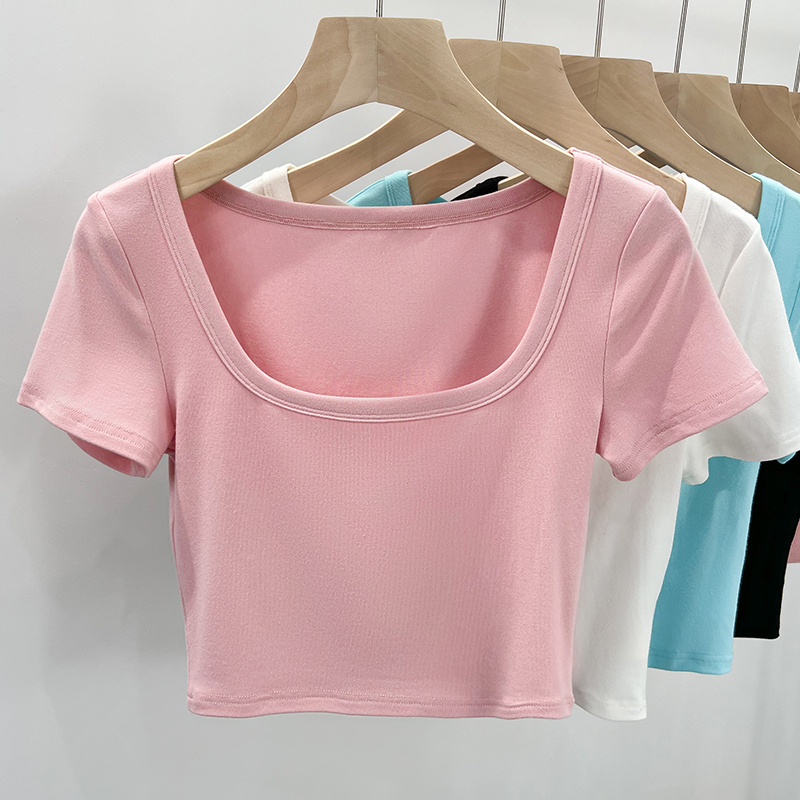 Pink Low-Cut Short-Sleeve T-Shirt for Women, Regular Shoulder U-Neck, Revealing Collarbone, American Style, High-Waisted Short Top for Petite Figures