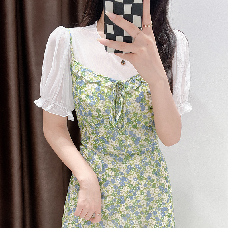 Camisole Dress with Inner Layer for Women, Transparent Sheer Ice Silk Mesh T-Shirt, Short-Sleeve Short Puff Ruffle Sleeve Top