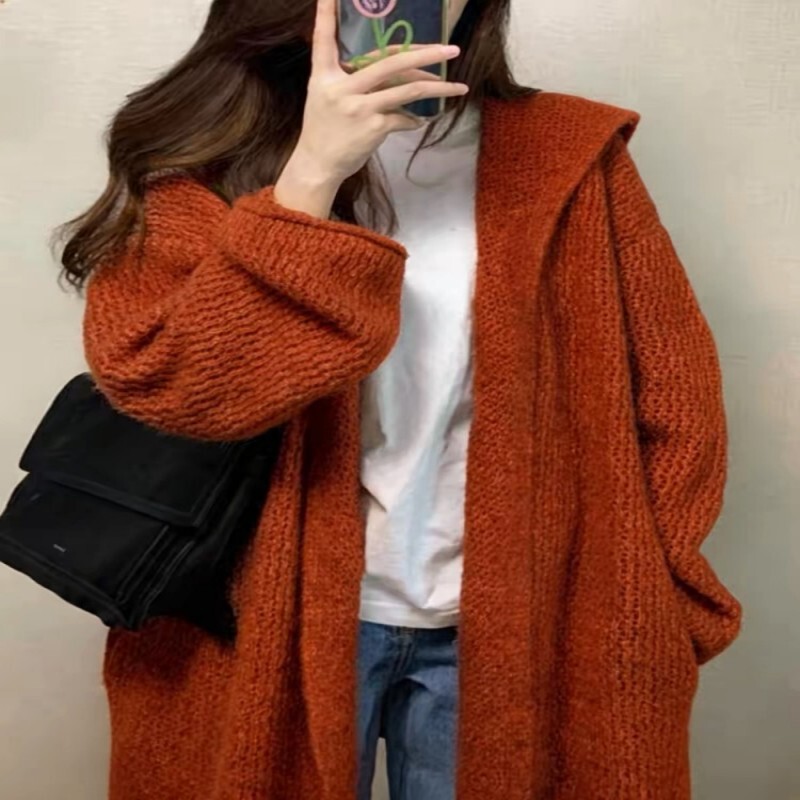 Awesome Stuff! Super Cool! Orange-Red Hooded Sweater Jacket for Women, Early Autumn, Lazy Style, Loose Knit Cardigan Top Awesome Stuff! Super Cool! Orange-Red Hooded Sweater Jacket for Women, Early Autumn, Lazy Style, Loose Knit Cardigan Top