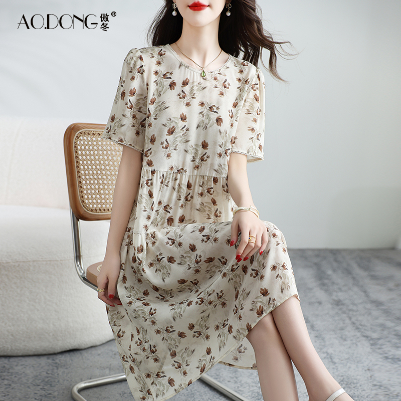 New Double Crepe Silk Dress for Women, Mother's Mulberry Silk, Elegant Print, Fresh and Slimming, Stylish Dress for Summer