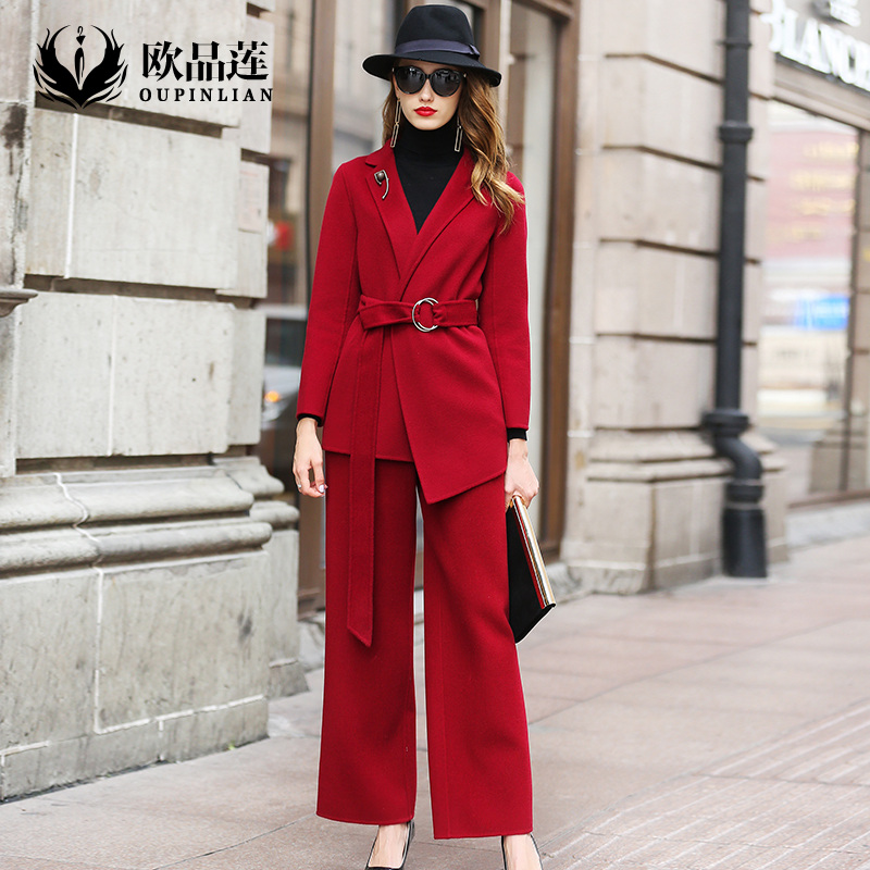 2018秋冬新款时尚套装女双面呢短款毛呢外套