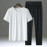Тонкая футболка с коротким рукавом, дышащий быстросохнущий спортивный костюм, шелковые штаны, комплект, оверсайз