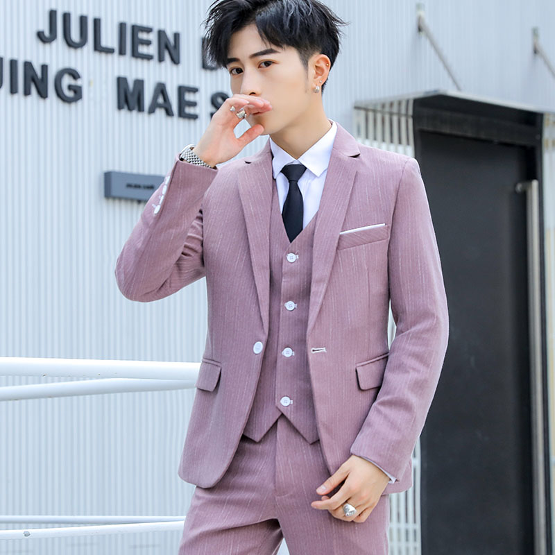 Suit suit men's three-piece suit Korean version slim small suit male dark stripe high-end best man groom wedding dress