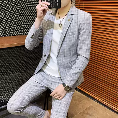 Summer men's suit suit thin casual plaid mid-sleeve small suit men's jacket Korean slim three-piece suit