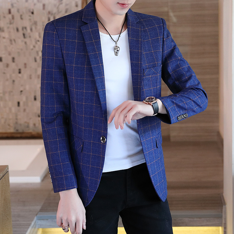 Men's Spring and Autumn Casual Suit, Korean Style Slim Fit Youth Top, Stylish Trendy Plaid Blazer, British Style Jacket