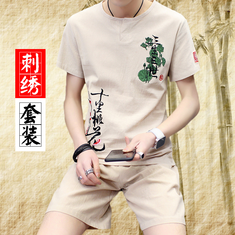 Summer linen suit Men's cotton and linen short-sleeved T-shirt trend half sleeve youth casual Chinese style embroidery two-piece set