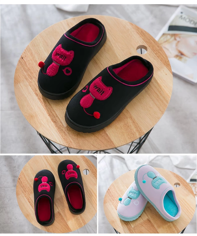 Dép cotton nữ trong nhà chống trượt mềm đáy dễ thương hoạt hình mùa thu và mùa đông ấm áp nhà dày lông dưới