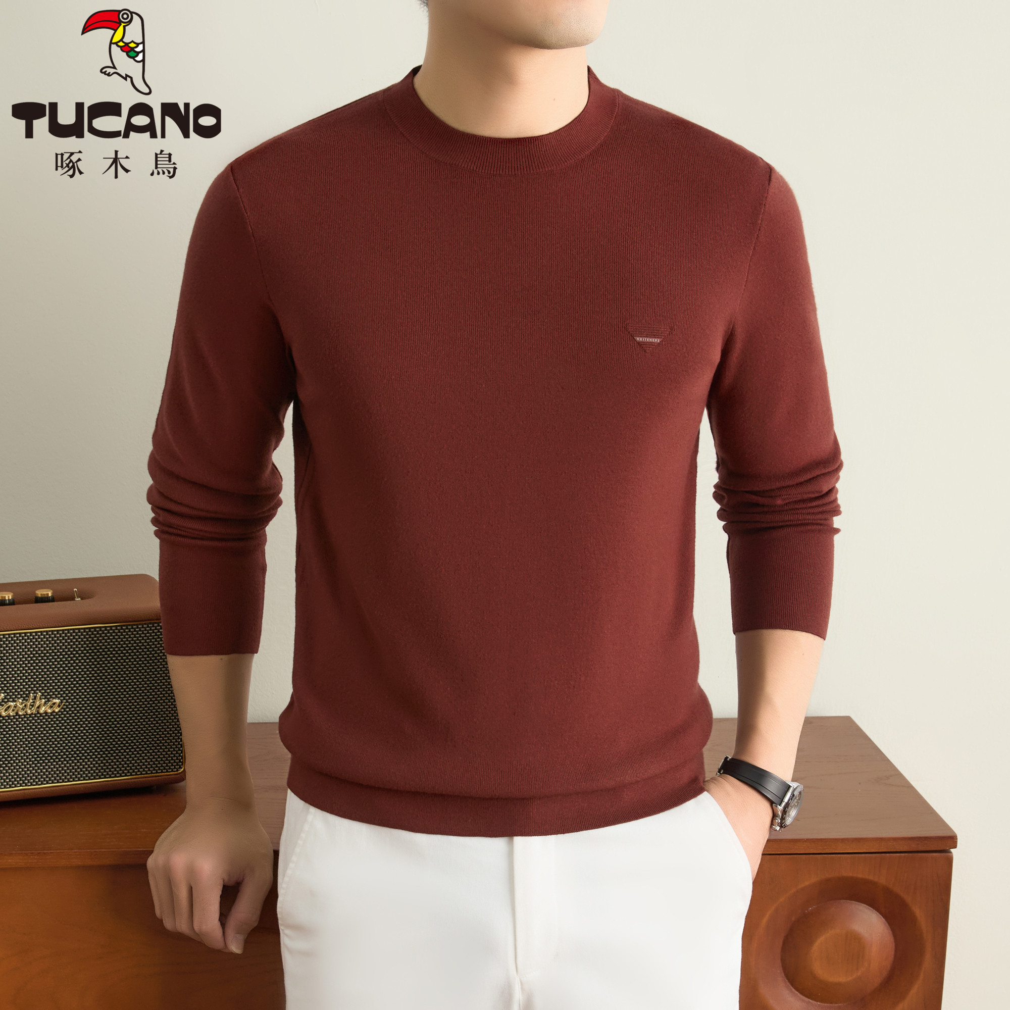 Woodpecker Fine-Spun Wool Sweater Men's Round-Neck Long-Sleeved Knitwear Solid Color Business Casual Autumn and Winter Base Layer Wool Sweater for Men