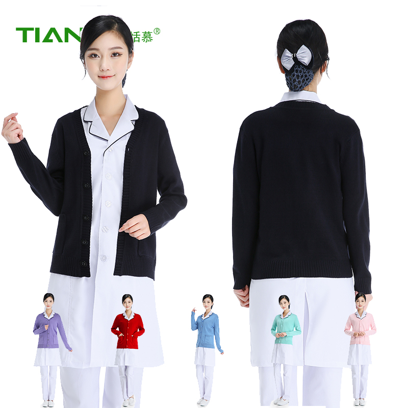 Y tá áo len cardigan áo khoác phụ nữ cộng với nhung cộng với Tây Tạng dày màu xanh tím y tá quần áo mùa thu / mùa đông v cổ áo dệt kim ra khỏi mới