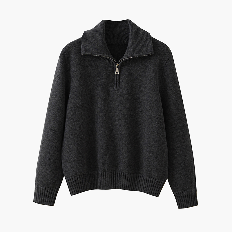 100% Pure Cotton Sweater for Women, Autumn and Winter, Half-Zip Polo Collar, Loose Fit, Thickened, Casual Knit Sweatshirt for Outerwear