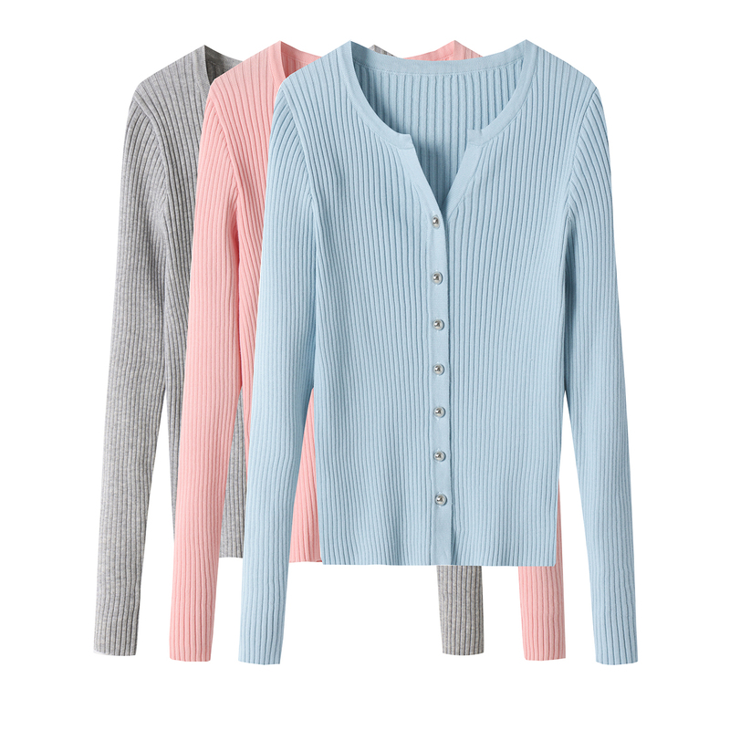 100% Pure Cotton Knitted Cardigan Jacket for Women, High-Waisted, Short, Slim Fit, Autumn and Winter, Scissor Collar, Long-Sleeve Sweater