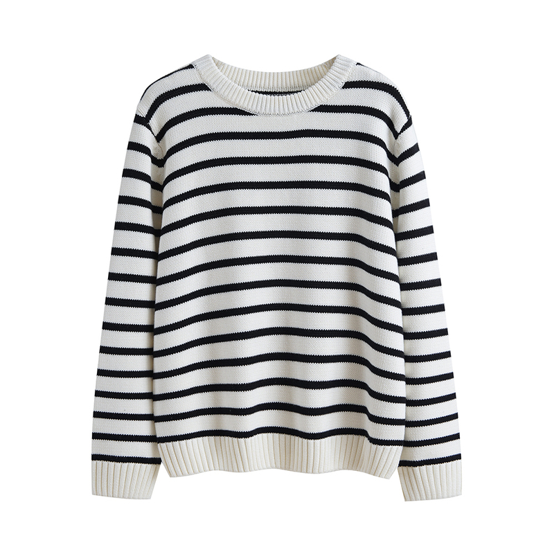 Black and White Striped Sweater for Women, Round Neck, New Autumn and Winter Style, Thickened Long-Sleeved, Loose-Fitting, Pure Cotton, Inner Knit Base Shirt Black and White Striped Sweater for Women, Round Neck, New Autumn and Winter Style, Thickened Long-Sleeved, Loose-Fitting, Pure Cotton, Inner Knit Base Shirt
