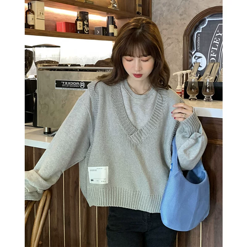 Long-sleeve, autumn fashionable universal knitted vest, set, Korean style, oversize, 2020 years