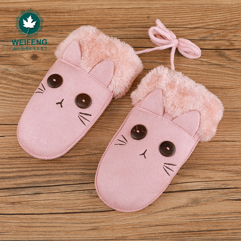 Weifeng boys and girls baby cute rabbit young children's gloves winter children's warm plus velvet thickened finger hanging neck