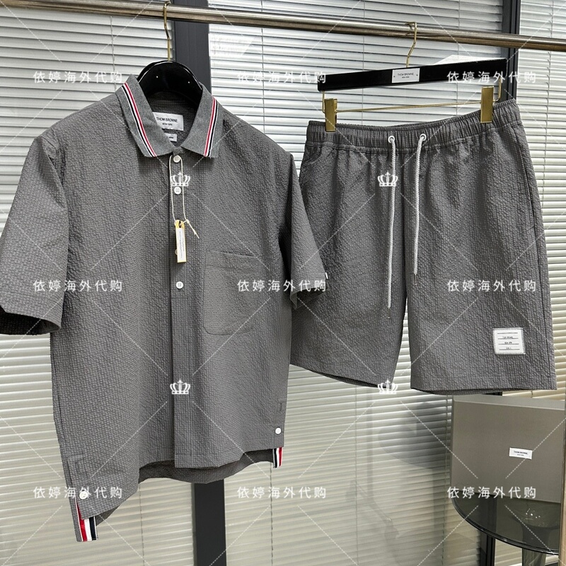 Thom Browne/Tom Brown Tb Men's Seersucker Short-Sleeved Shirt and Shorts Suit Summer Business Casual