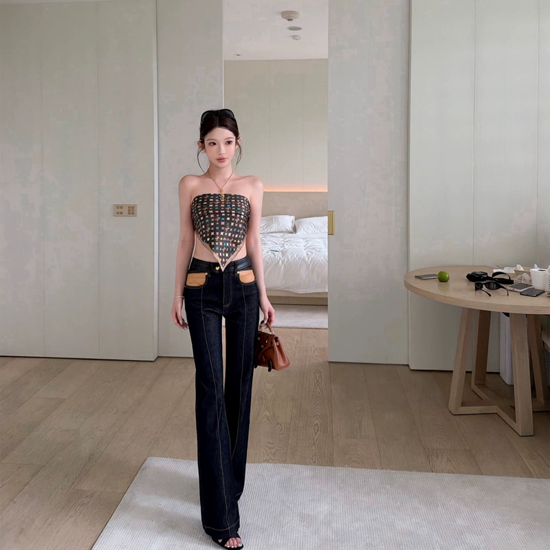 "Donkey Jeans" with an Extraordinary Texture, Must-Have Luxury Versatile Original Denim Color Leather Patchwork Pants