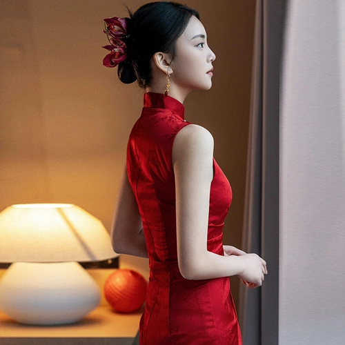 Элитное ципао для невесты без рукавов, красное вечернее платье, свадебное платье, китайский стиль