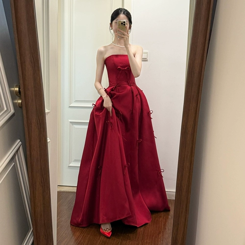 Топ без лямок, бордовое вечернее платье, свадебное платье, французский стиль, изысканный стиль