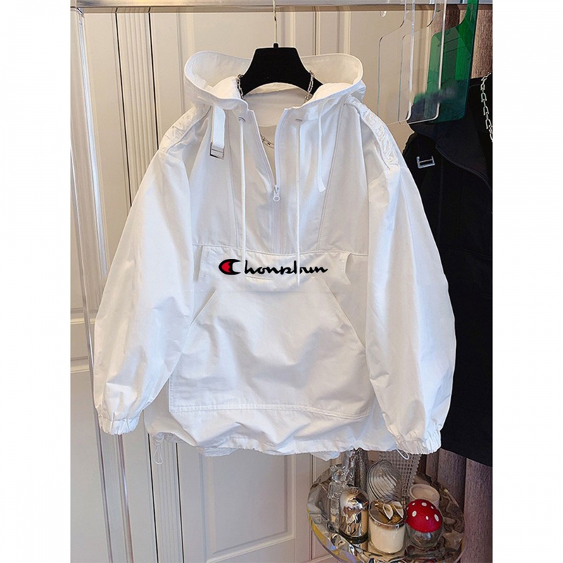 Champion Rainbow White Hooded Sweatshirt for Women, Autumn/Winter, Fleece-Lined, Loose Fit, Fashionable, Unique Design, Casual Top
