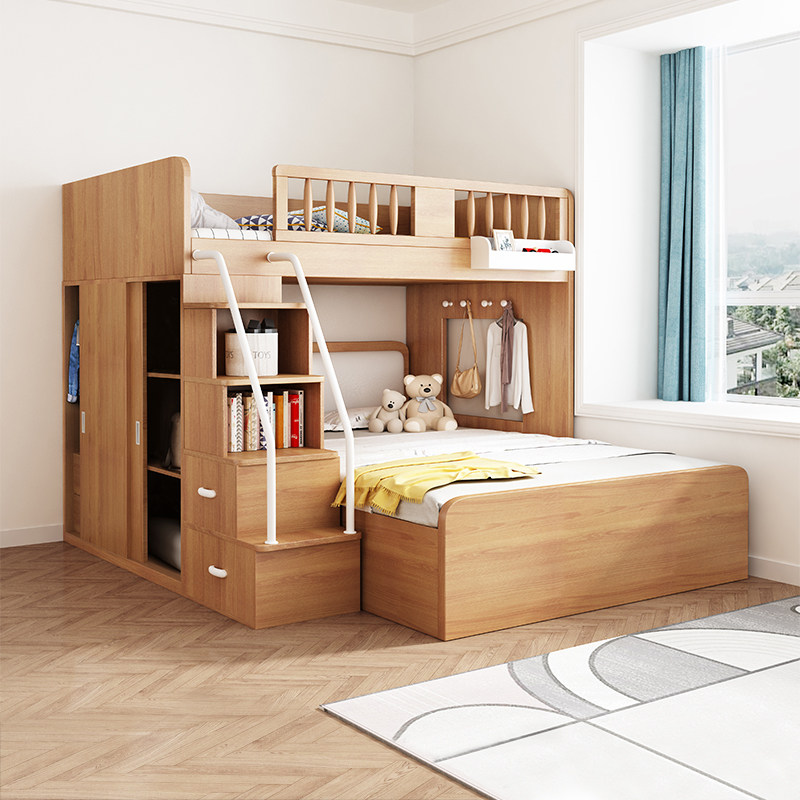Up and down bed small apartment second child desk mother bed children's bed bunk bed multi-functional high and low bed staggered wardrobe