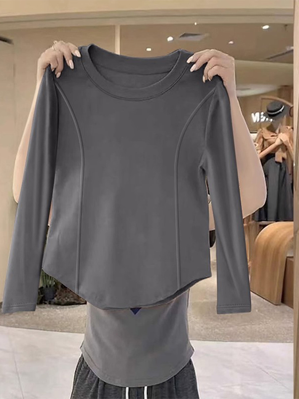 Gray Base Shirt for Women, 2026 Summer New Style, Irregular Hem, Long-Sleeved T-Shirt, Slim Fit, Inner Layer with Fishbone Design