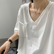 White V-neck Short Sleeve T-Shirt Women's Summer New Korean Style Vintage Loose Casual Side Open Fork Simple Base Base Bottoming Shirt