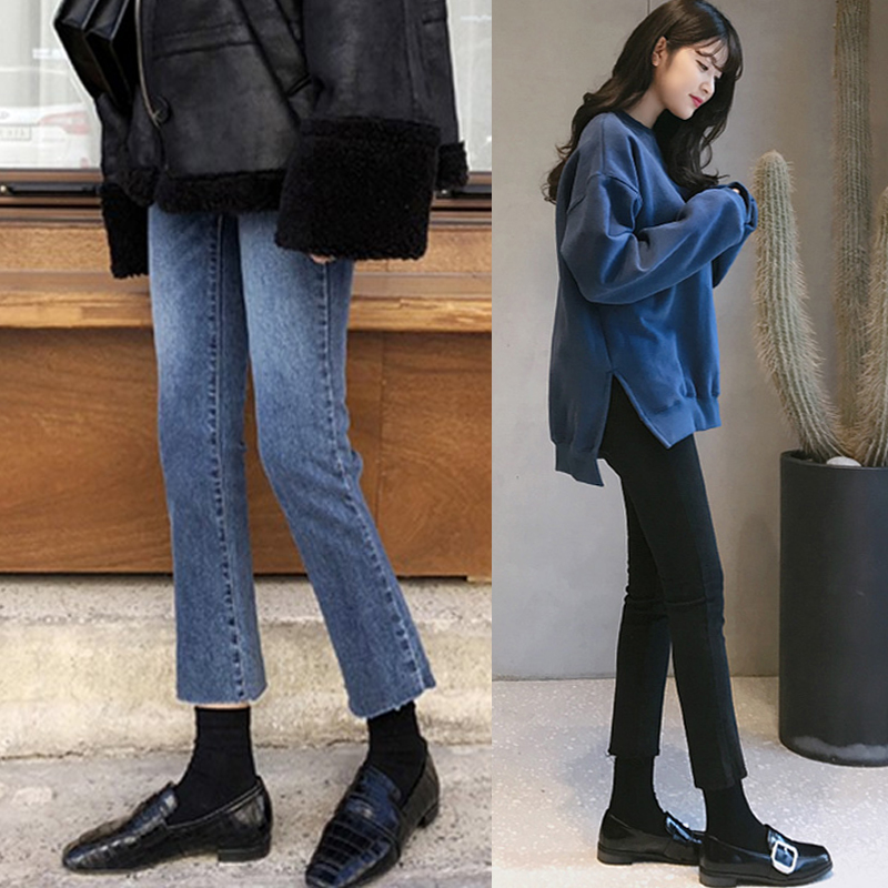 Pregnant women denim pants nine-point spring and autumn winter plus velvet thickened loose straight inner pants trousers