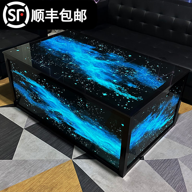 Ktv In-Stock Coffee Table with Lighting, European-Style Club Bar Table, Tempered Glass, Stainless Steel, Seven-Color Changing, Minimalist Galaxy Design