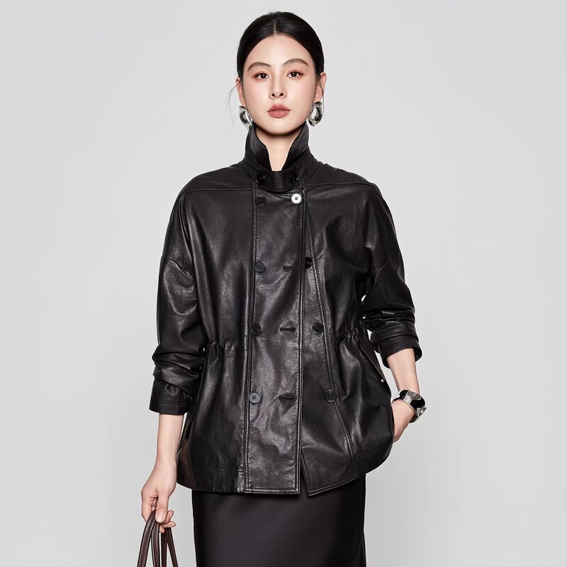2026 Spring New Style Genuine Leather Jacket for Women, Elegant Waist-Cinching Double-Breasted Sheepskin Jacket, Mid-Length Casual Trench Coat