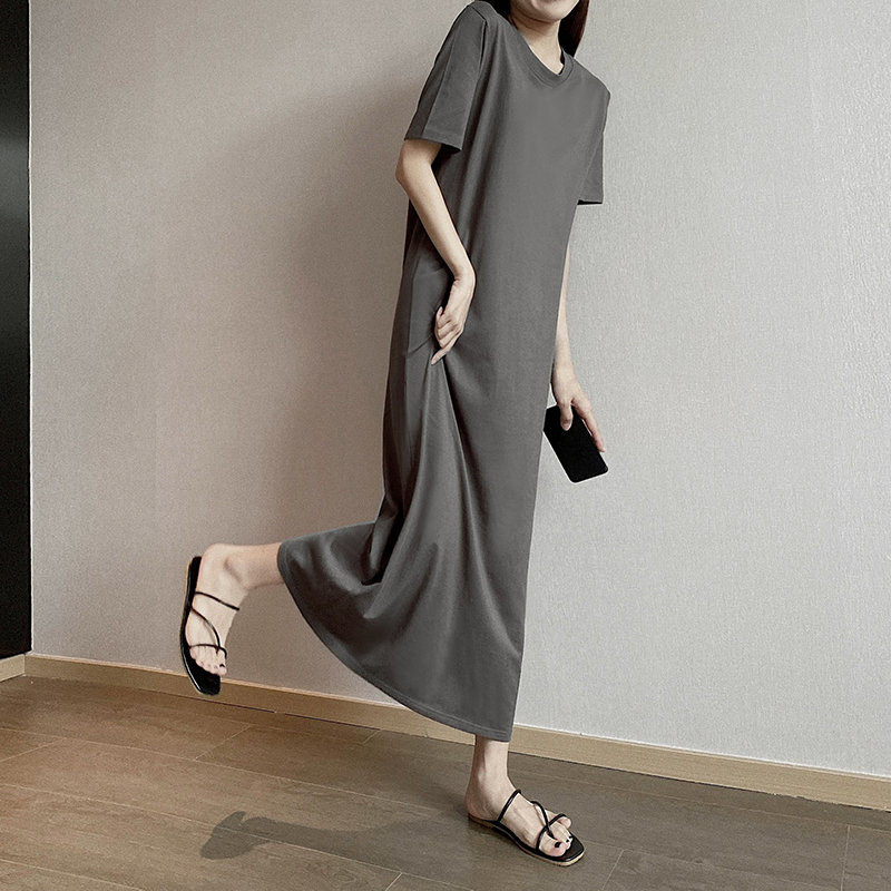 Short-Sleeved T-Shirt Dress, Mid-Length, Women's Spring and Summer Korean Style Loose-Fitting Slimming Over-The-Knee Long Dress, Casual Straight Cotton Dress
