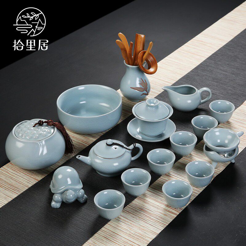 ten livable open sheet Ru kilns minimalist home Gongfu tea furniture set tea house tea house full set tea cup teapot lid bowl