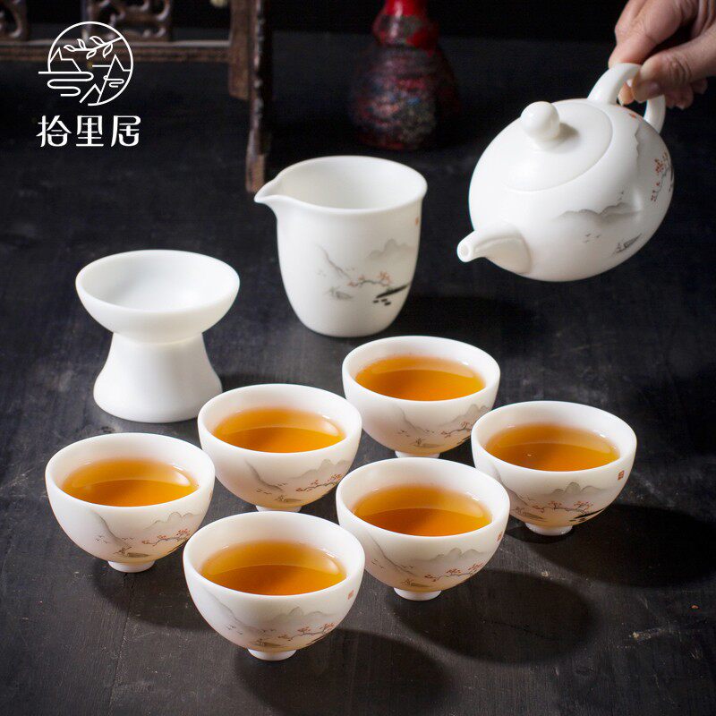 ten Liju Goat Fat Jade Defied White Porcelain Kongfu Tea Furniture Set Group Home Hand-painted Cover Bowl Ceramic Tea Art Living Room Tea House