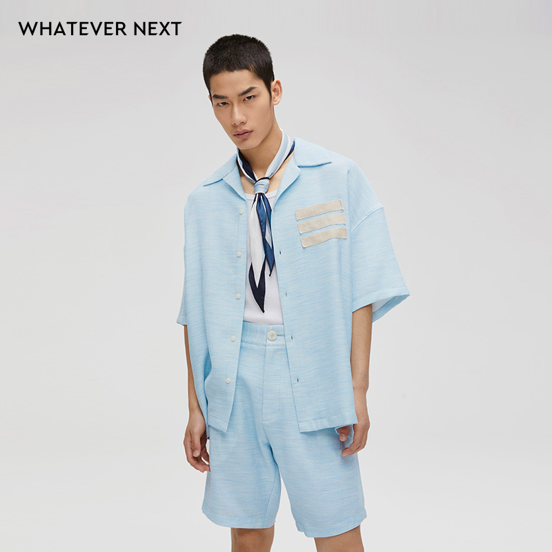 Whatevernext Summer New Style Wrinkled Texture Casual Short-Sleeved Shirt with Ribbon Design and Loose Cuban Collar