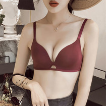 This years bra female wine red sexy hollow glossy glossy deep V gathering anti-sagging thin seamless non-steel underwear