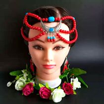 Mongolian hand-made performance headwear forewear ethnic red beaded hair ornaments two pieces