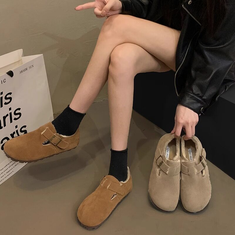 G E GADOT Birkenshoe woman 2023 New autumn winter plus suede warm cotton shoes flat bottom single shoes casual bean-bean shoes-Taobao