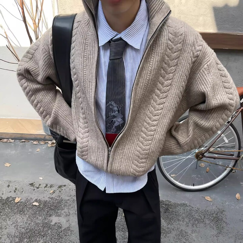 Korean Wheat Sweater Wheat Spike Cable Knit Zipper Turtleneck Sweater, Structured Fit, Textured Pattern