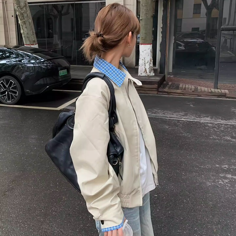 Korean Miu Style Harrington Houndstooth Patchwork Collar Cleanfit Casual Fake Two-Piece Jacket Coat for Men