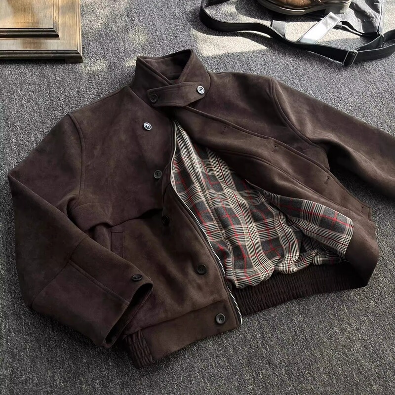 Korean Autumn and Winter Mocha Hunting Jacket, Barn Style Retro M65 Brown Short Lapel Buckskin Thickened Coat