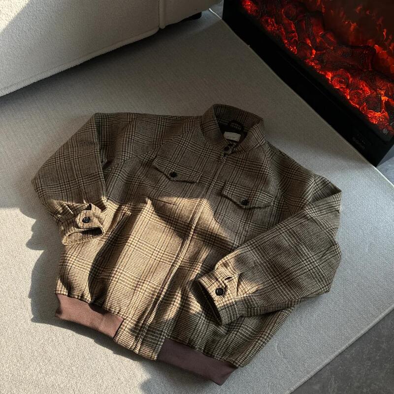 Korean Prince of Wales Houndstooth Harrington Wool Jacket Short Wide Three-Dimensional Cut 50% Wool