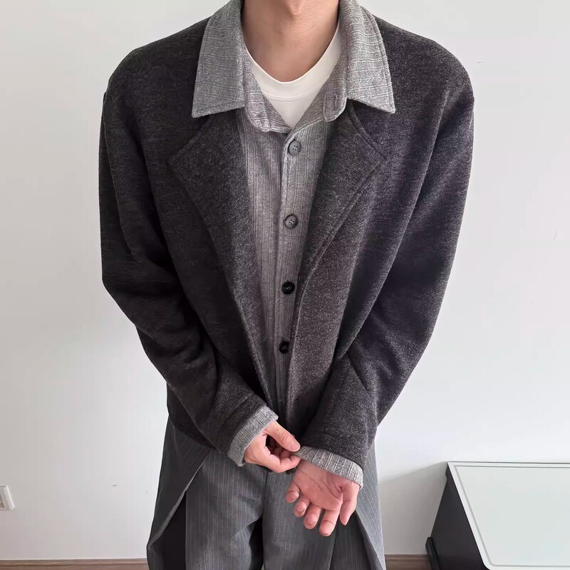 Korean Cleanfit Faux Two-Piece Floral Yarn Patchwork Wheat Spike Color-Block Winter Heavy Cardigan Knit Sweater