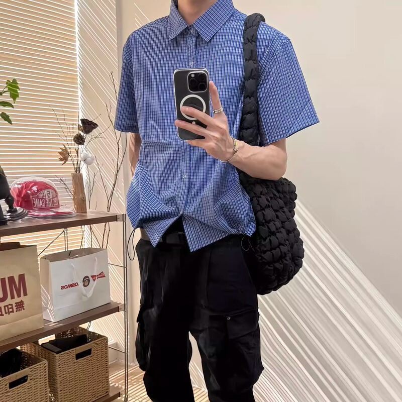 Japanese and Korean Style'Royal Blue' Royal Blue Plaid Drawstring Short-Sleeve Shirt, Miu Series, Versatile for Summer