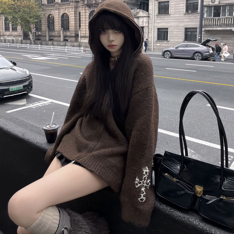 Korean Autumn and Winter Thickened Retro Wool Blend Two-Way Zipper Leopard Print Armband Hooded Sweater Loose Cardigan Jacket