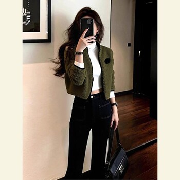 Spring Casual Versatile Tops for Petite Women, Unique and Beautiful, Super Stylish Korean-Style Green Lamb Wool Short Jacket for Women
