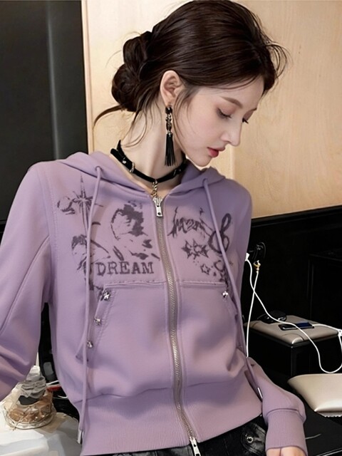 Purple Hooded Sweatshirt for Women, 2026 Spring Hot Item, Petite, Fashionable, Unique, Beautiful, Age-Reducing Zipper Jacket