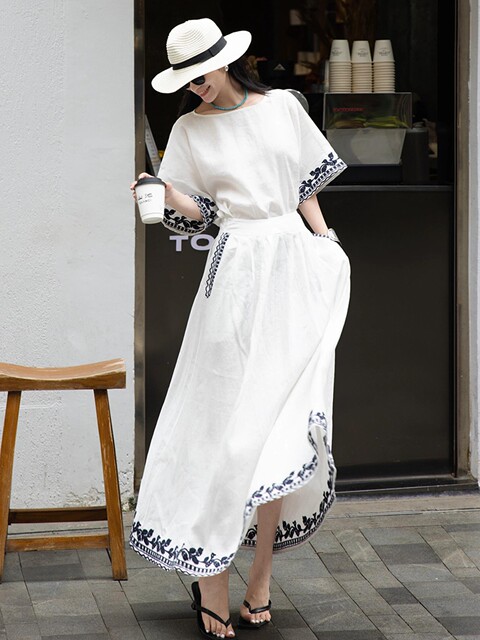 A Very Beautiful Spring Outfit, a Complete Set with a Goddess-Like Style, High-End, Elegant and Appropriate, White Linen Embroidered Suit Dress