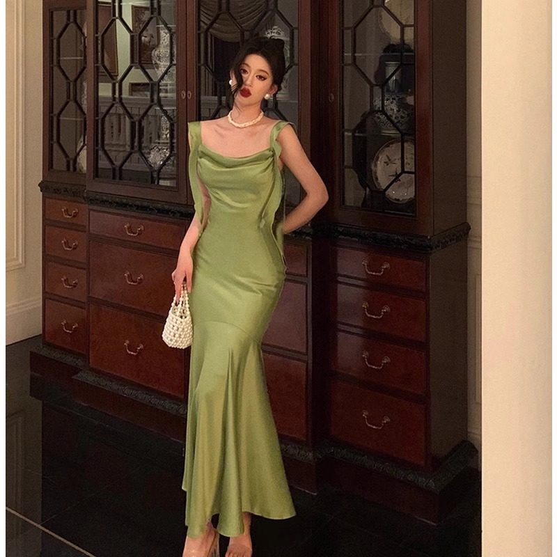 green emerald velvet dress Nadia Ruched Fishtail Maxi Dress Pistachio