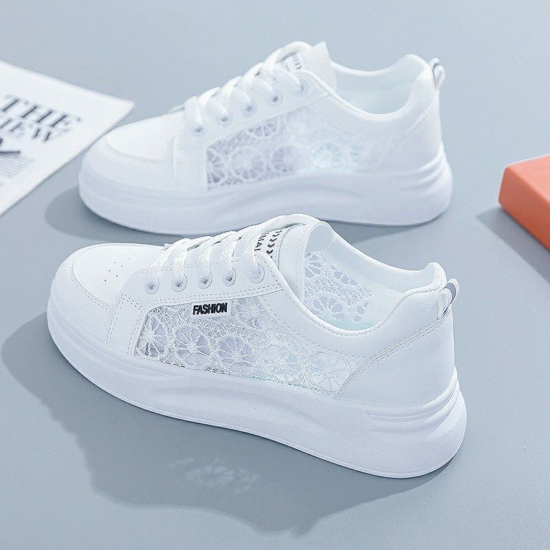 Mesh White Sneakers for Women, Lace-Up, Soft Sole, Height-Increasing, Breathable, Versatile, Suitable for Pairing with Skirts, Sporty Casual White Sneakers, Trendy